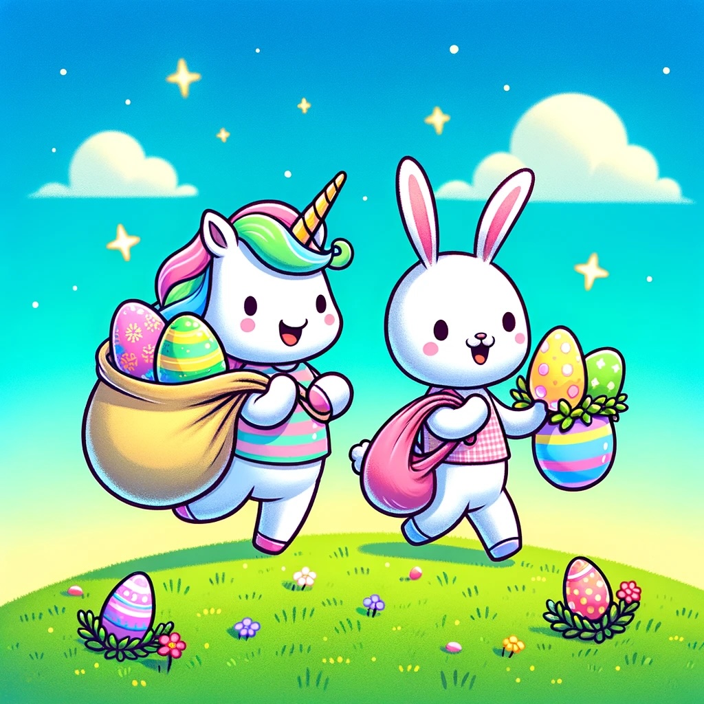 A unicorn and the Easter Bunny under the moonlight