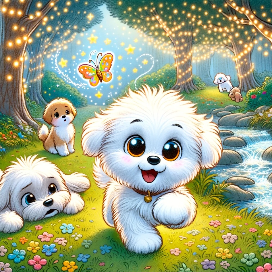 A fluffy puppy in a forest