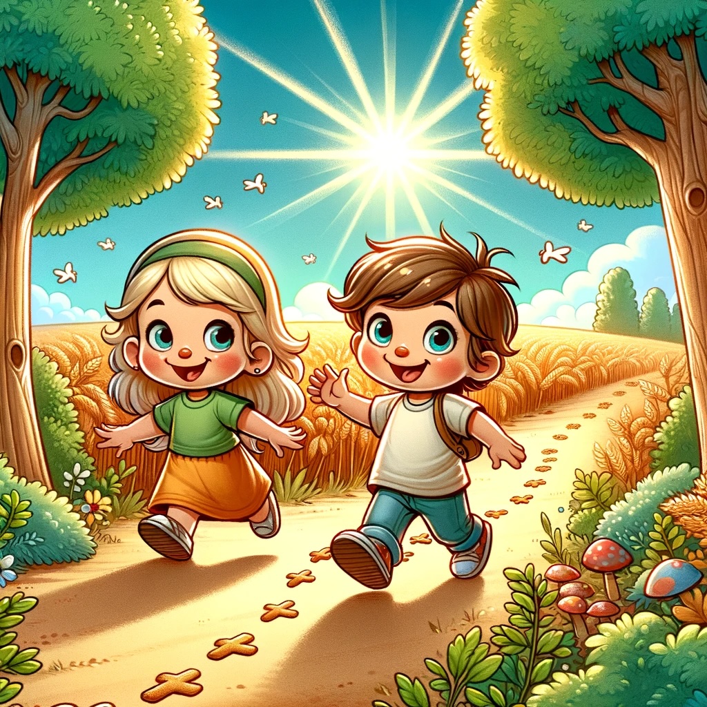 Hansel and Gretel discovering the gingerbread cottage