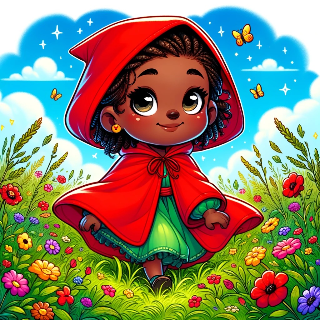 A girl in a red hooded cloak walking through the woods