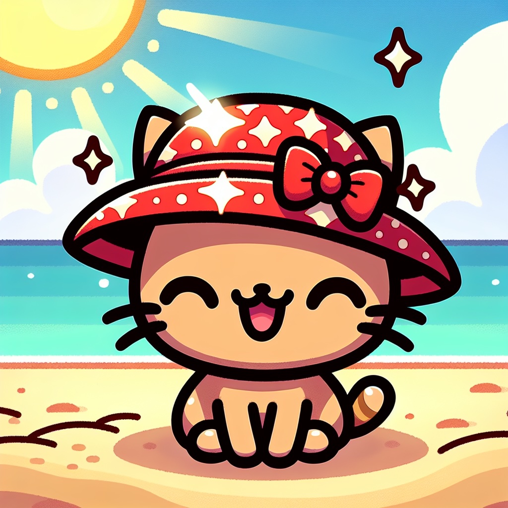 A cat wearing a little red cap at the beach