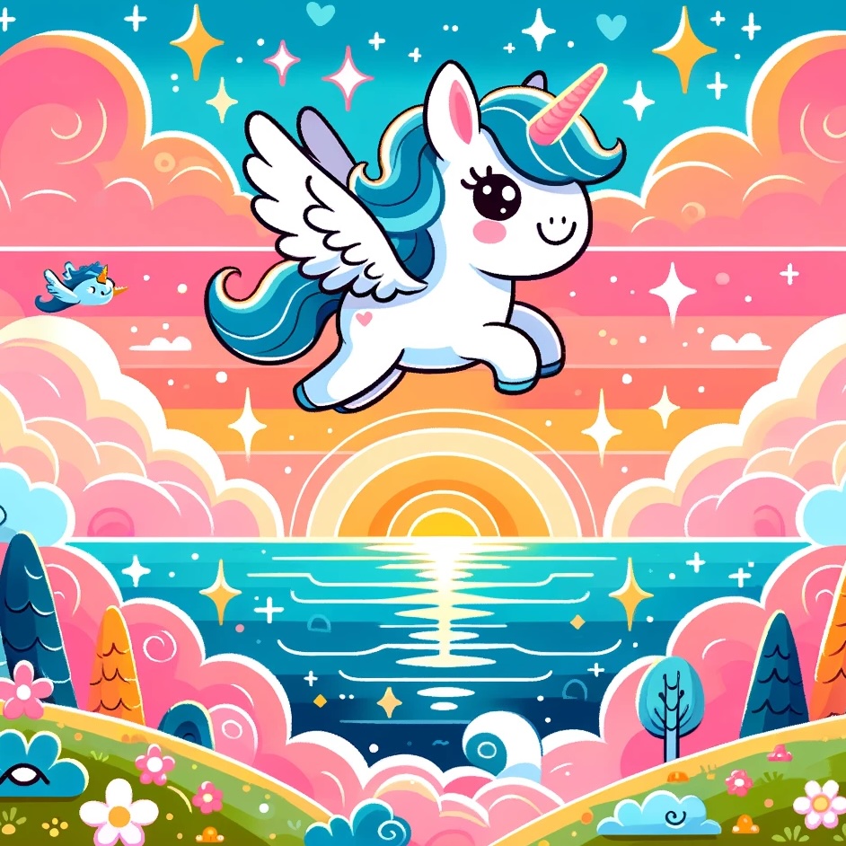 A winged unicorn soaring over the ocean