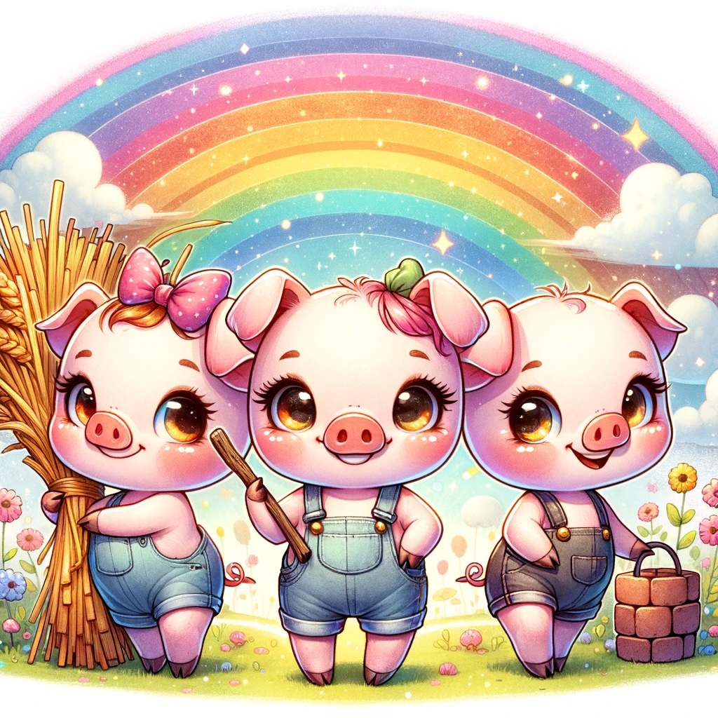 Three little pigs outside their houses