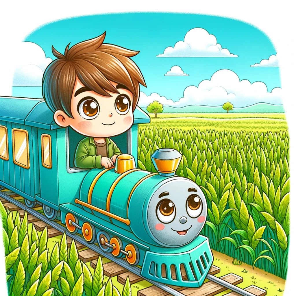 A young boy looking out the window of a train